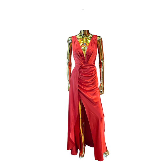 Deep V-neck Red Maxi Eveningwear Dres
