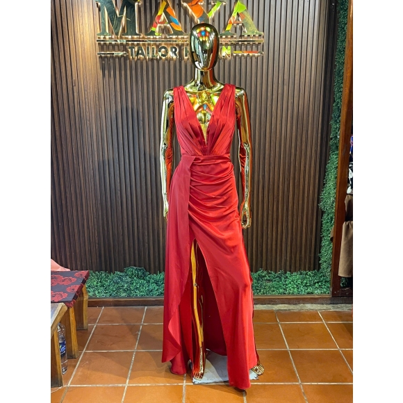 Deep V-neck Red Maxi Eveningwear Dres